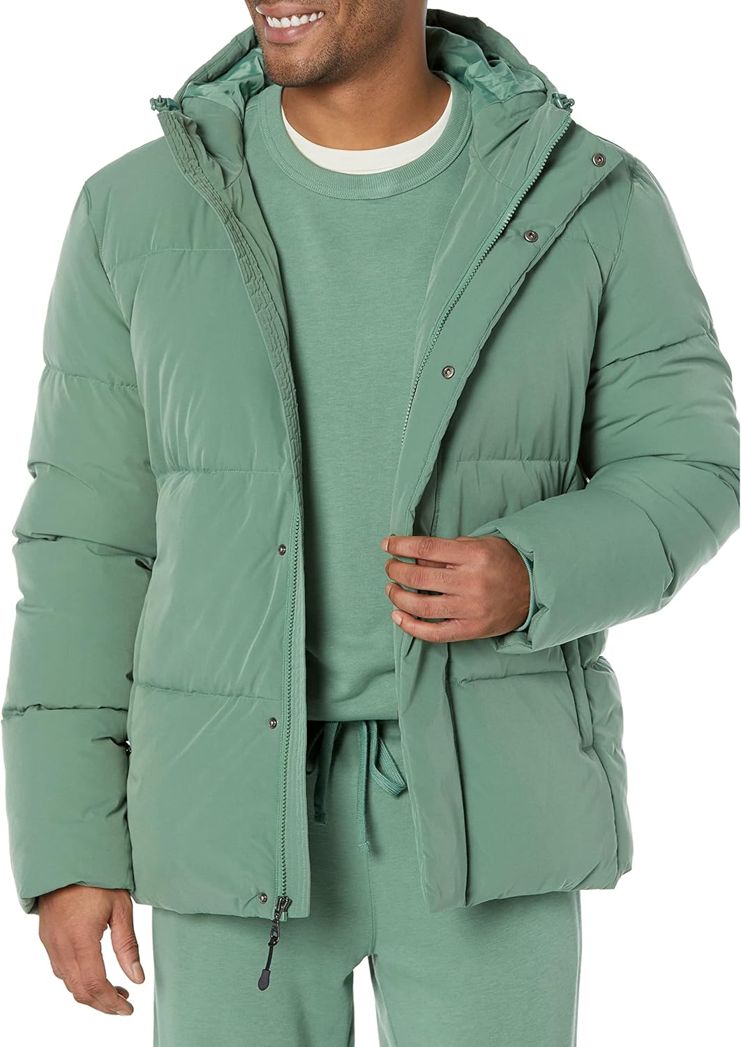 Mens Mid-Length Hooded Puffer Coat for Cold Weather Comfort
