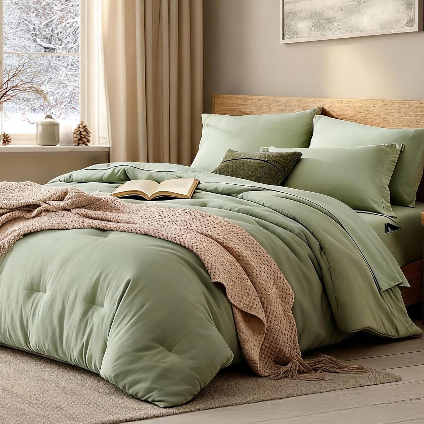 Oversized Queen Comforter Set - 7 Pieces Sage Green Bedding