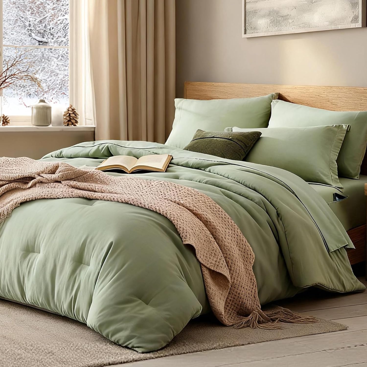 Oversized Queen Comforter Set - 7 Pieces Sage Green Bedding