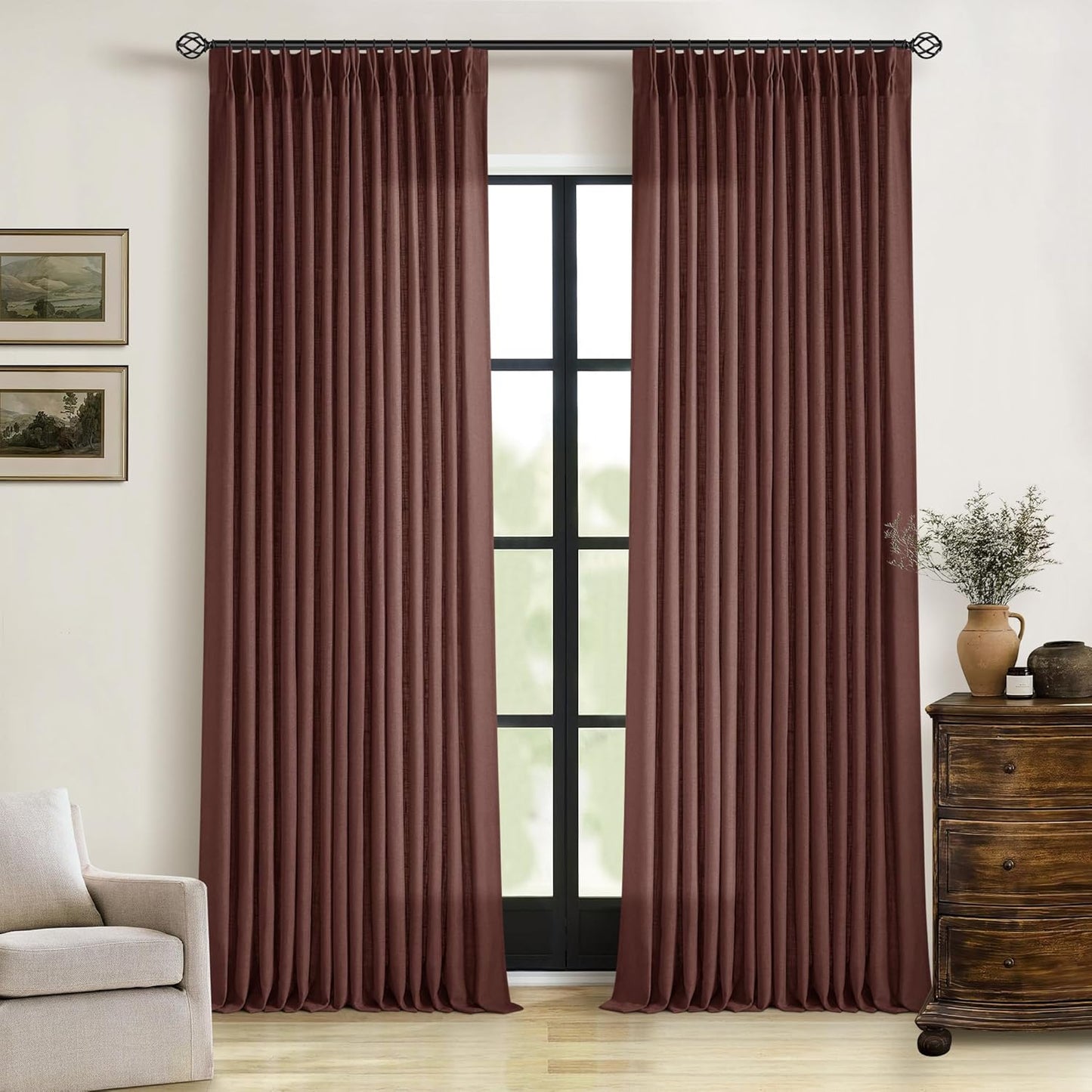 Reddish Brown Linen Pinch Pleated Curtains for Elegant Spaces