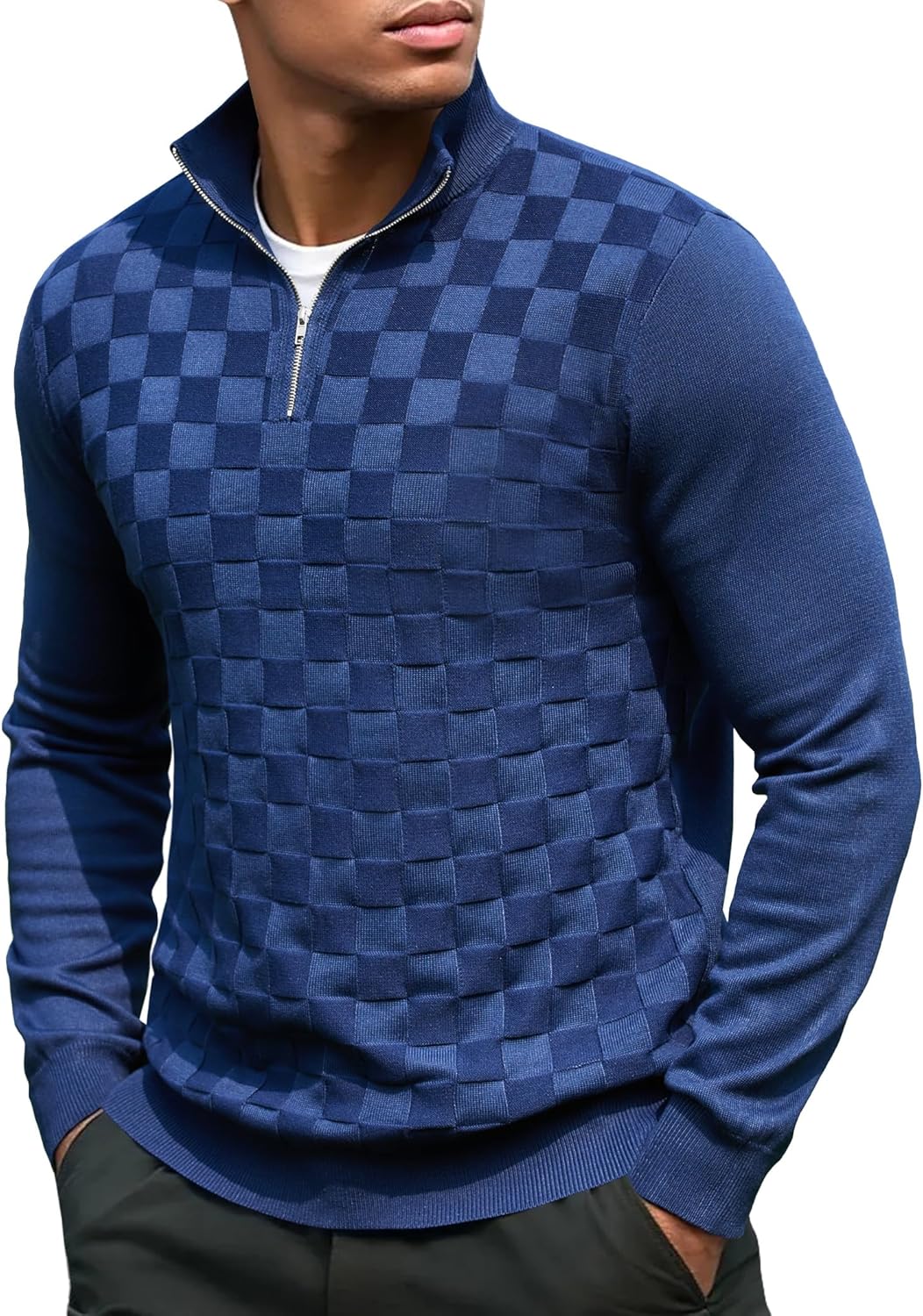 Stylish Jacquard Checkered Quarter Zip Pullover for Men