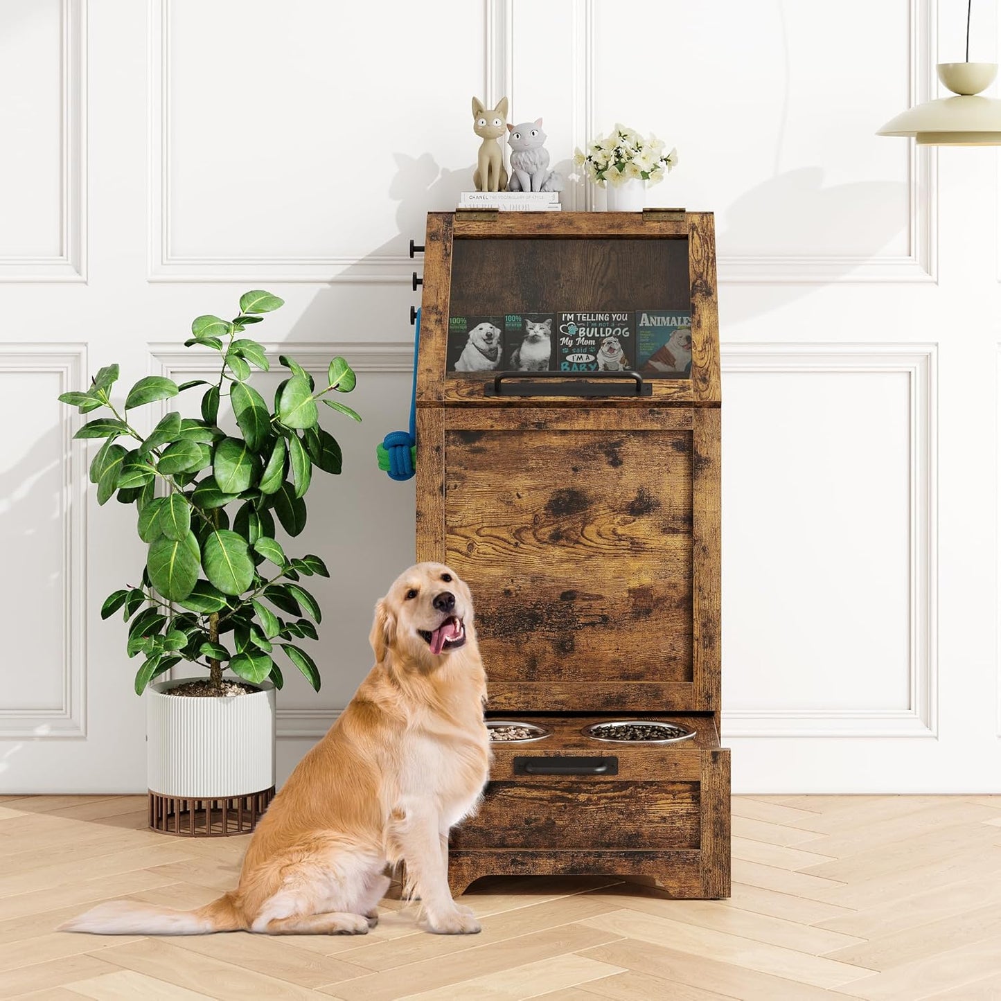 Dog Feeding Station with Elevated Bowls and Storage Cabinet