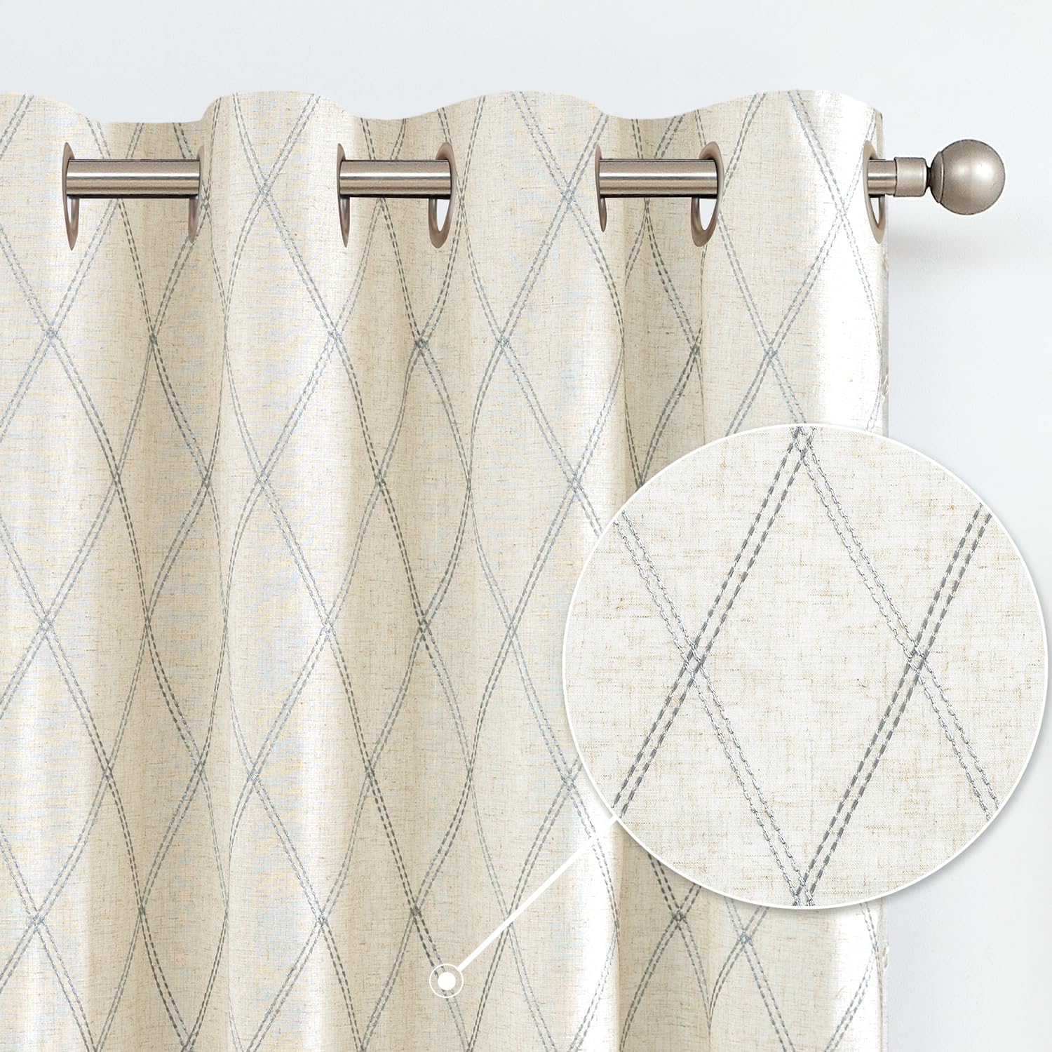 Grey Diamond Embroidered Linen Curtains - 95