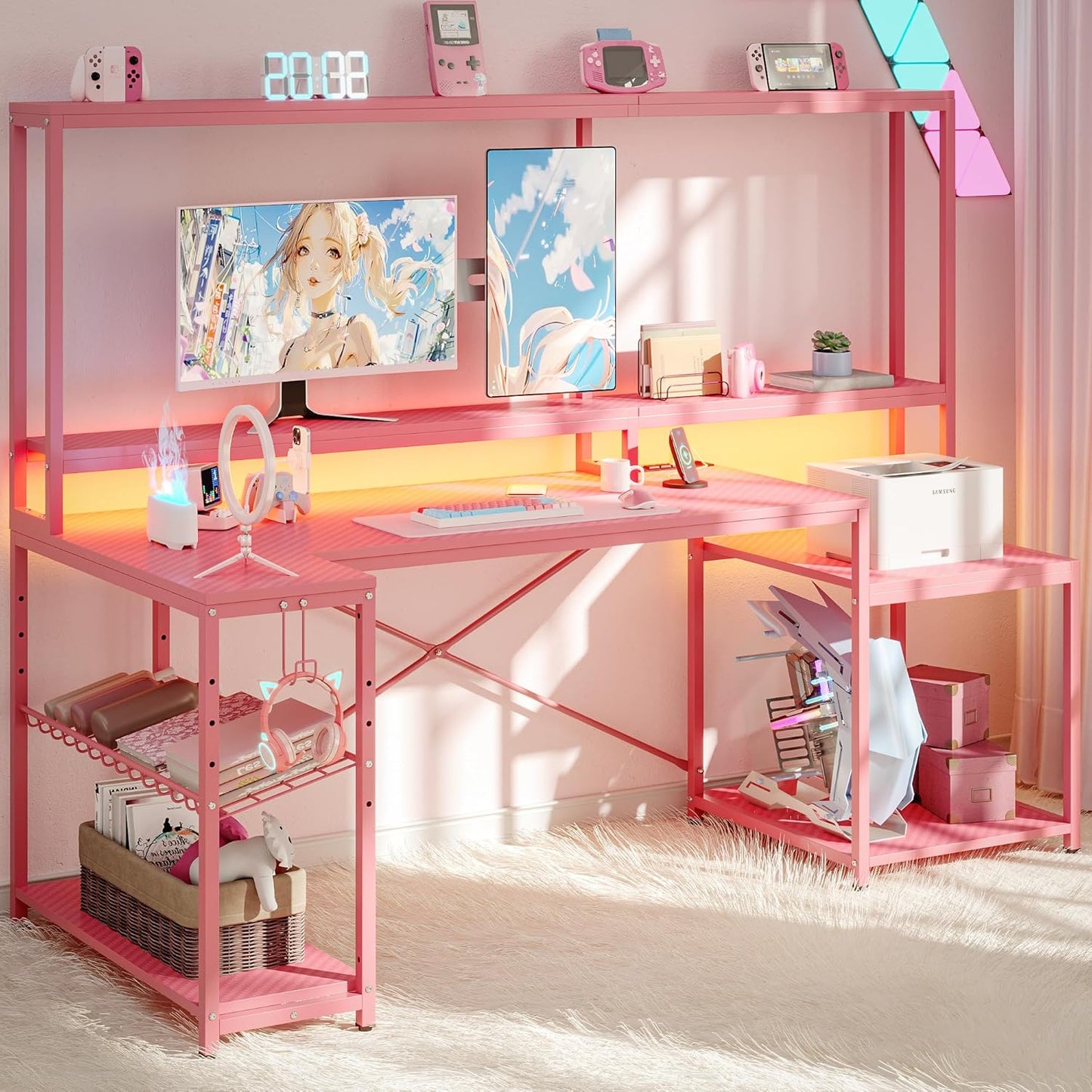 71 Pink L-Shaped Gaming Desk with Power Outlets
