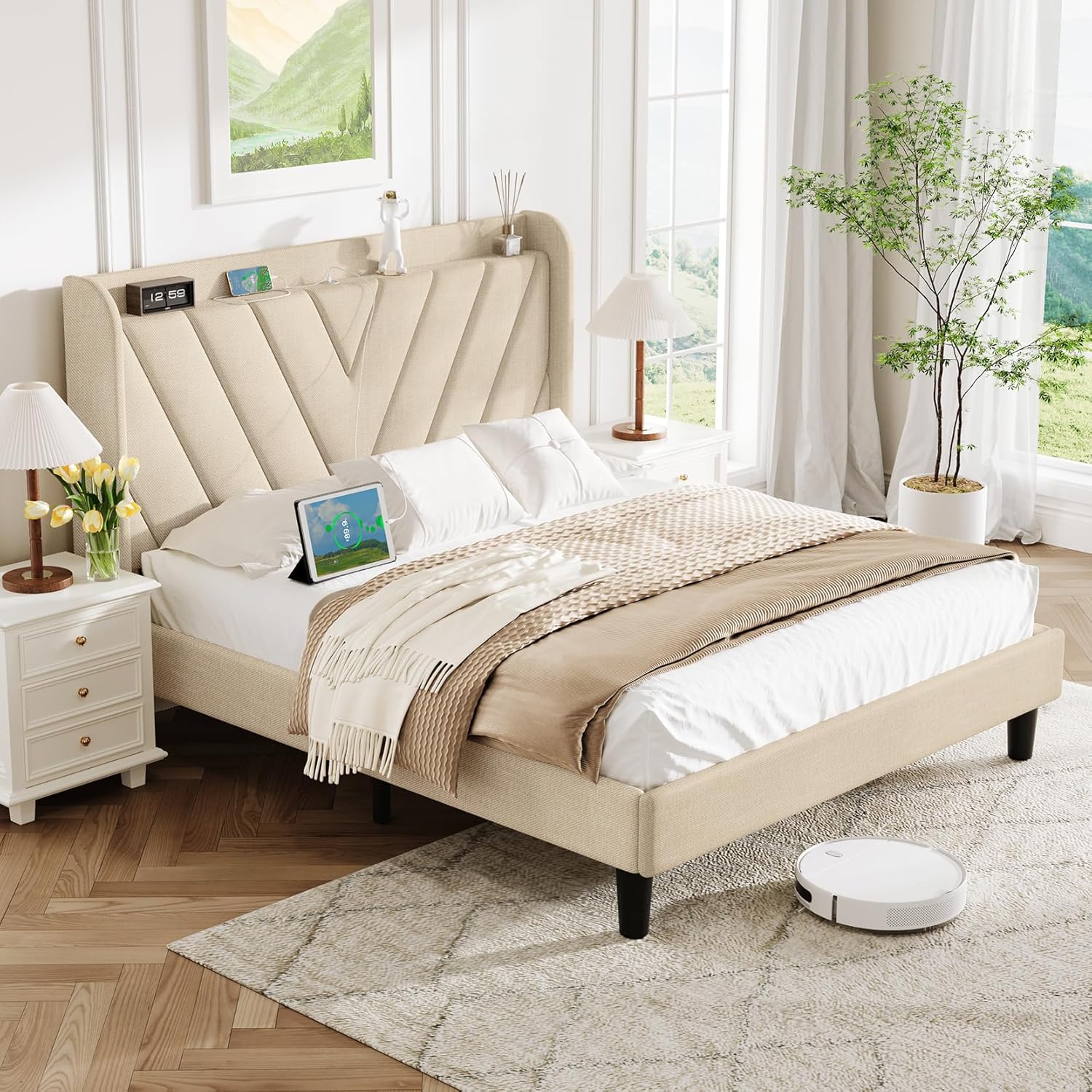Queen Bed Frame with Adjustable Headboard and USB Ports