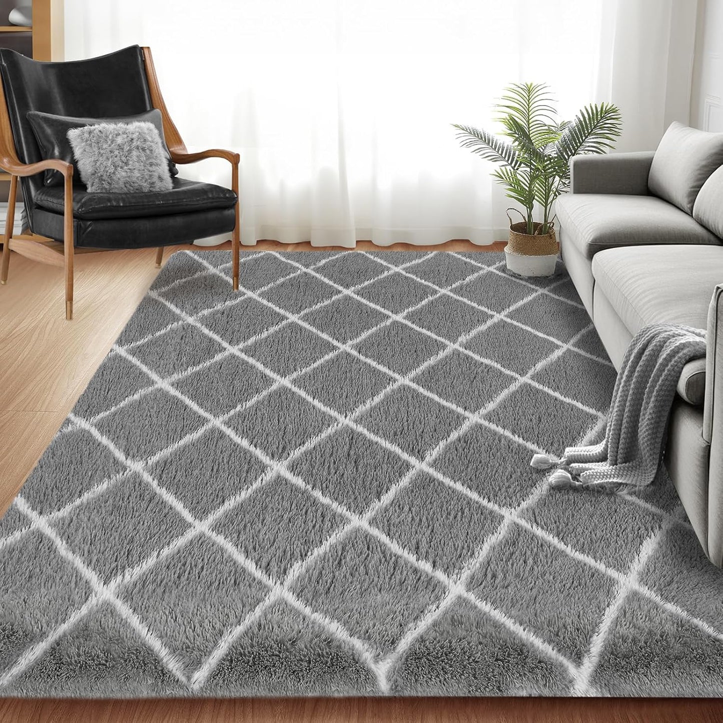 Fluffy Rug for Bedroom, 6X9Feet Stripe Checkered Design