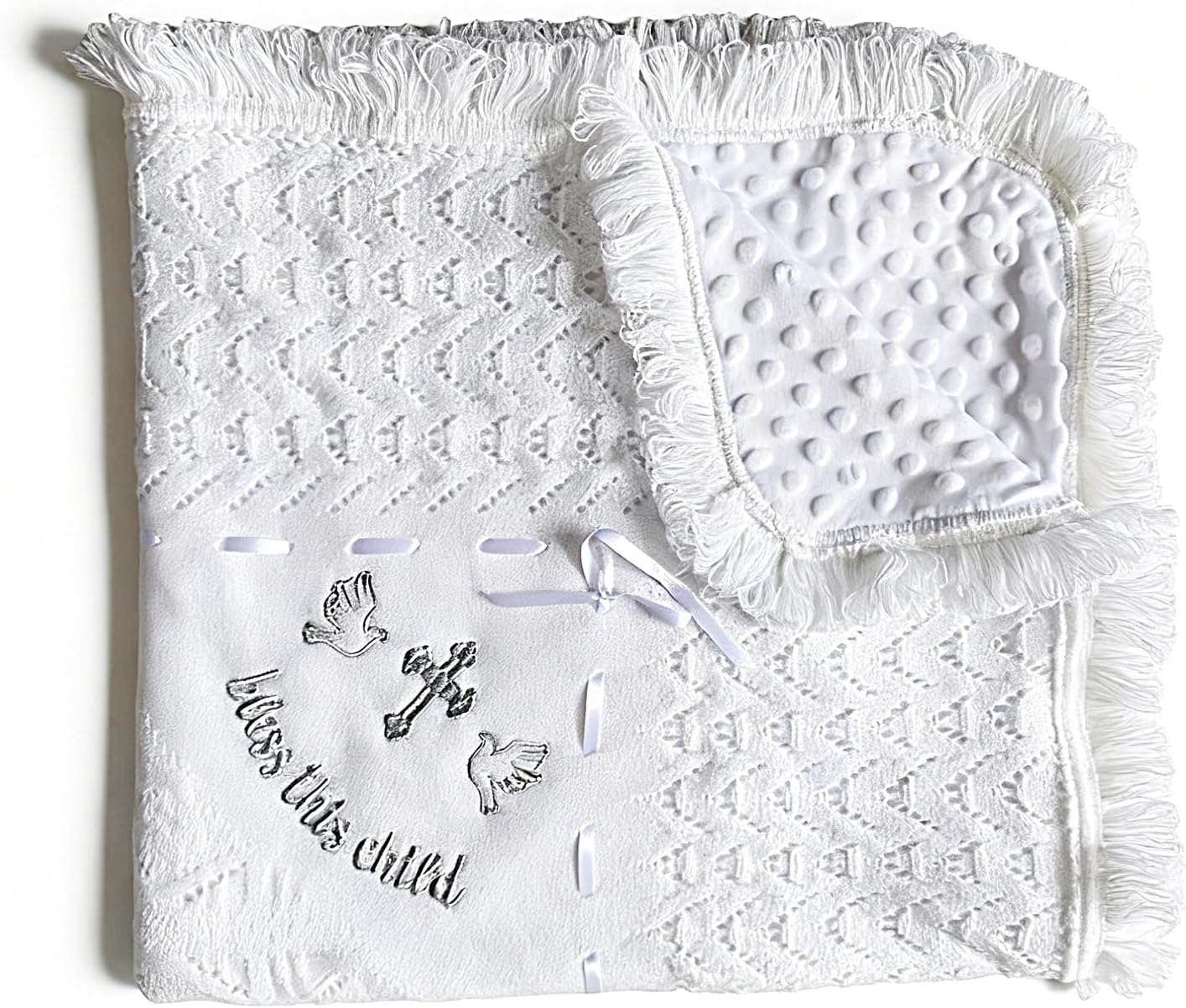 Baptism Gifts for Boys Girls White Crochet Baby Blanket Soft Minky