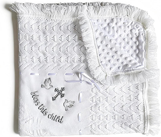 Baptism Gifts for Boys Girls White Crochet Baby Blanket Soft Minky