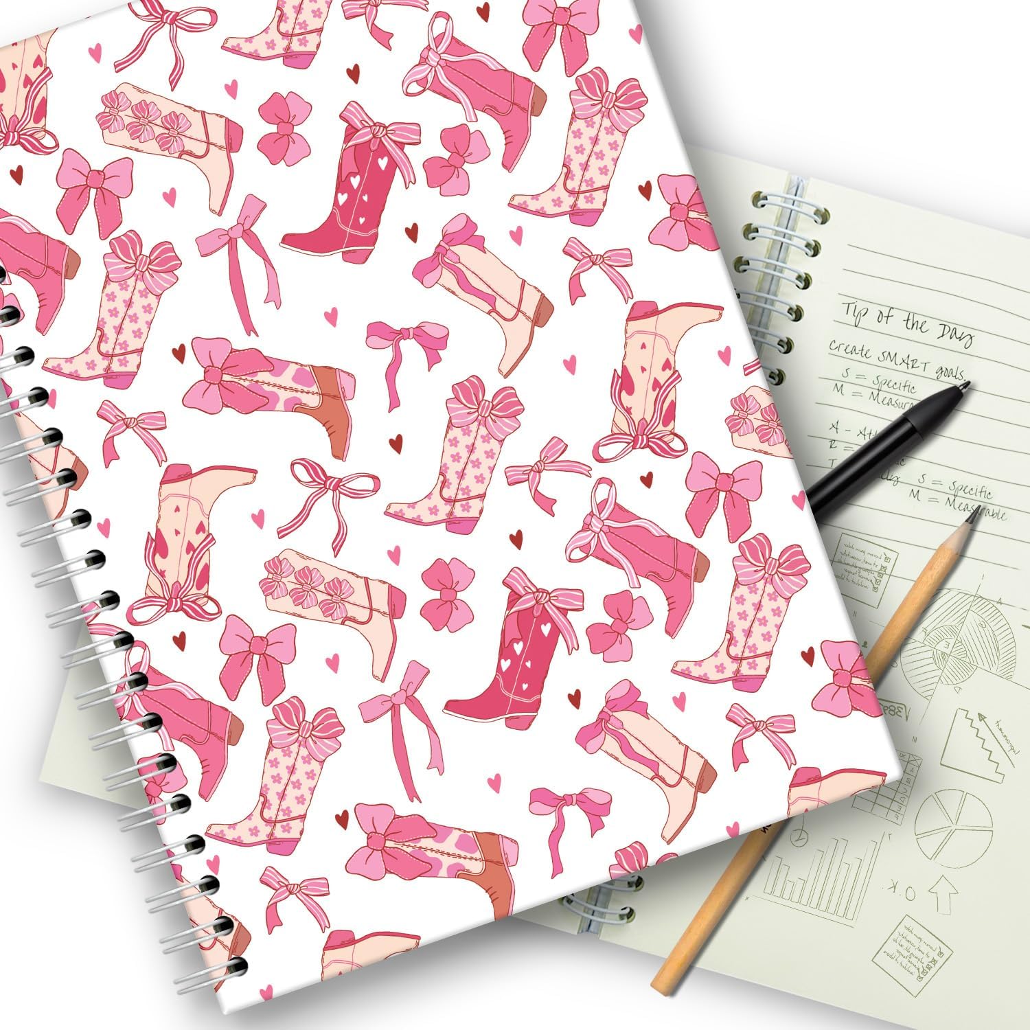 Chic Pink Bows & Boots Spiral Notebook