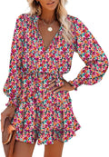 Boho Floral Drawstring V Neck Smocked Tiered Mini Dress - Flattering