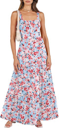 Women's Summer Casual Long Maxi Dress with Square Neck - Flowy Tiered