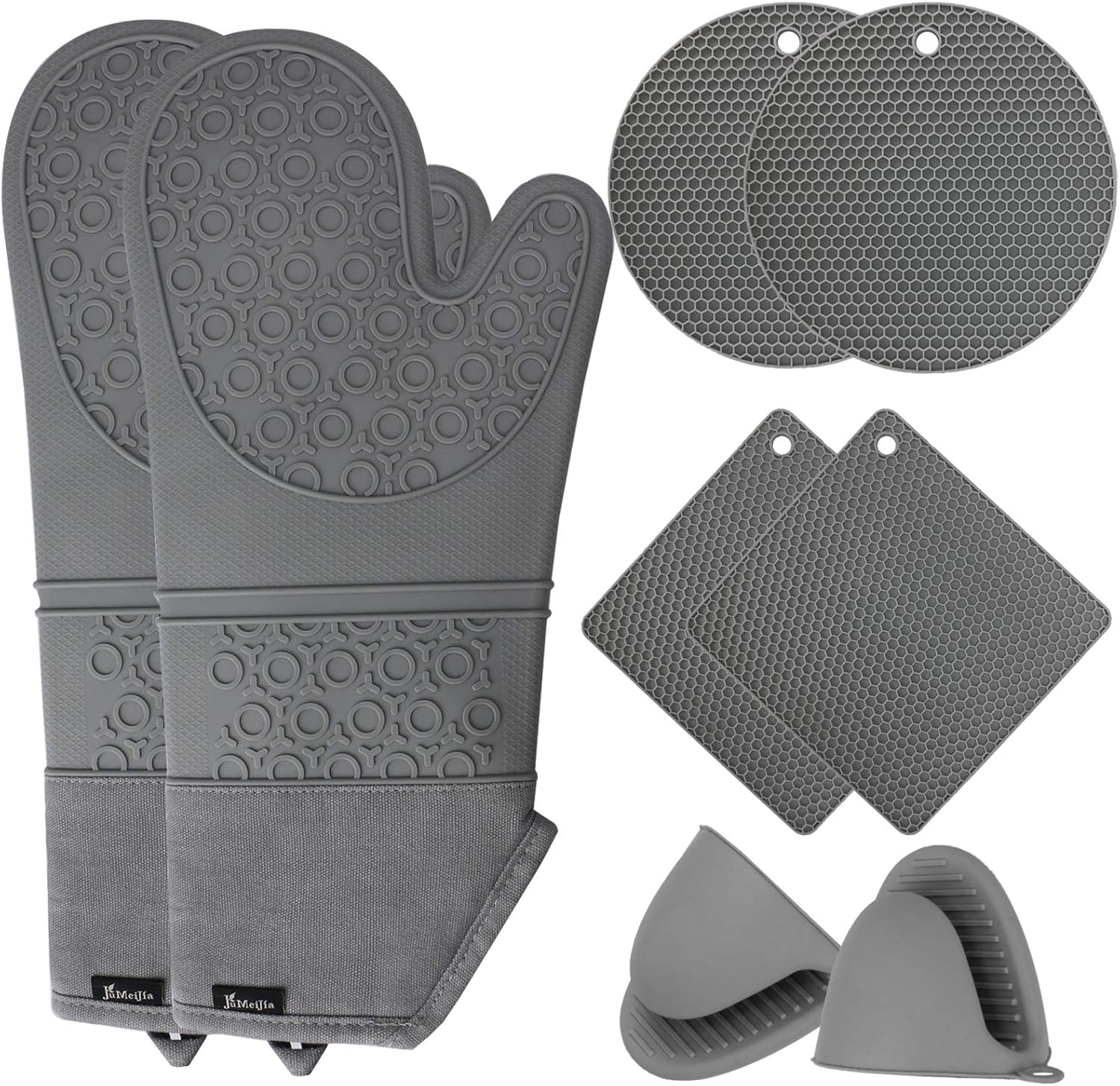 8Pc Extra Long Silicone Oven Mitt Set, Heat Resistant, Grey
