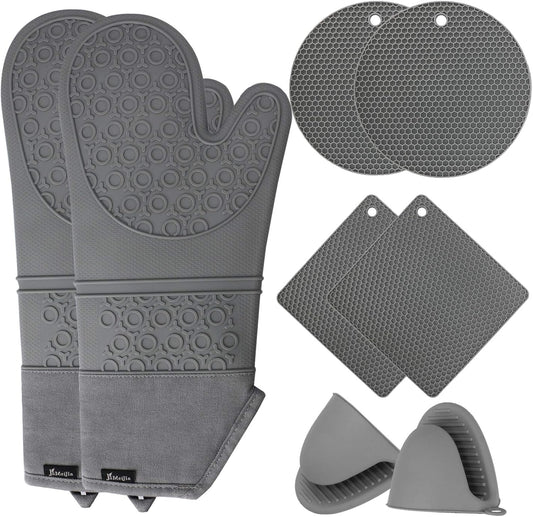 8Pc Extra Long Silicone Oven Mitt Set, Heat Resistant, Grey
