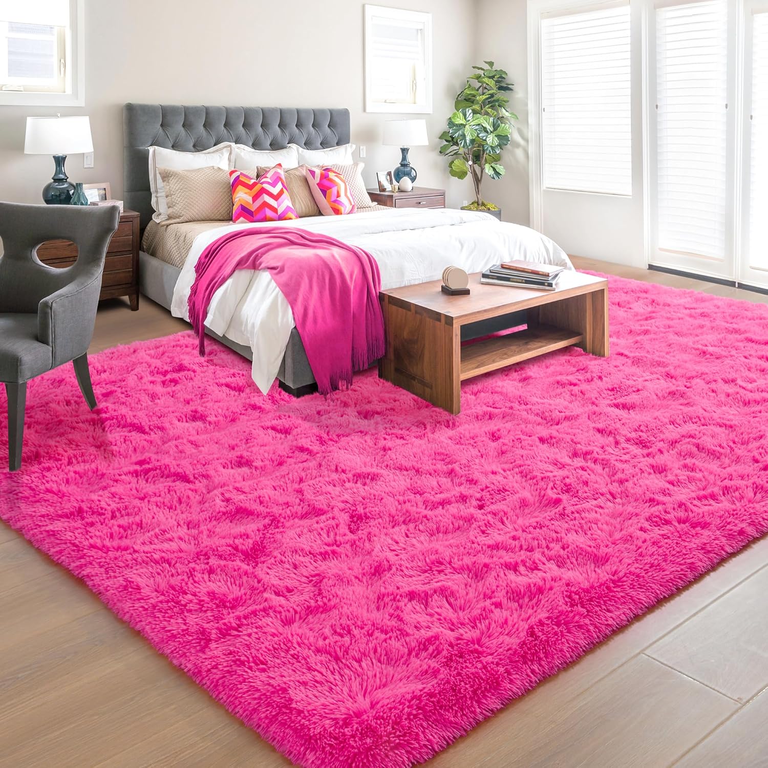 Soft Area Rug for Living Room 8x10 Feet, Fluffy Hot Pink Carpet