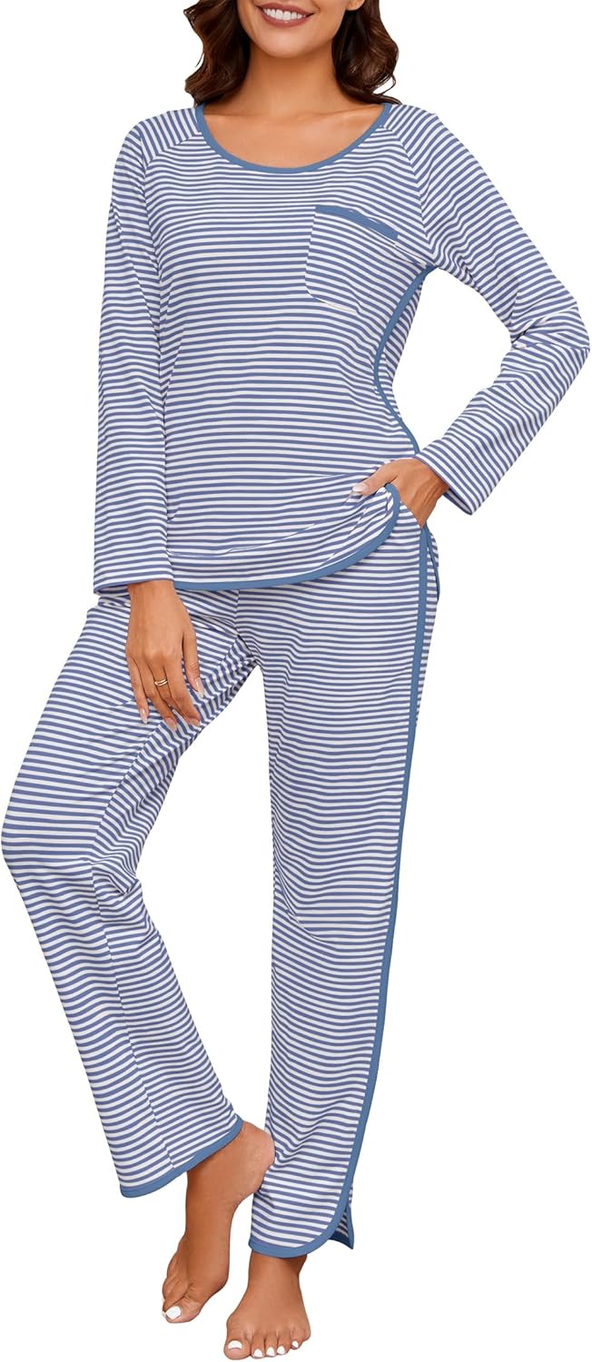 Womens Cotton Pajama Sets Stripe 2 Piece Lounge Set for Comfort