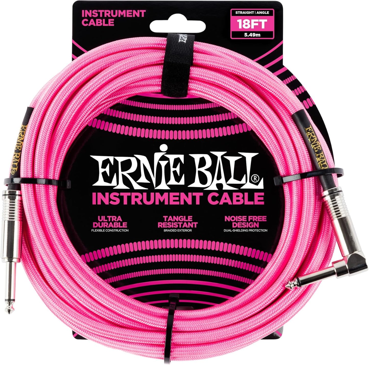 Ernie Ball Braided Instrument Cable, 18ft, Neon Pink for Musicians