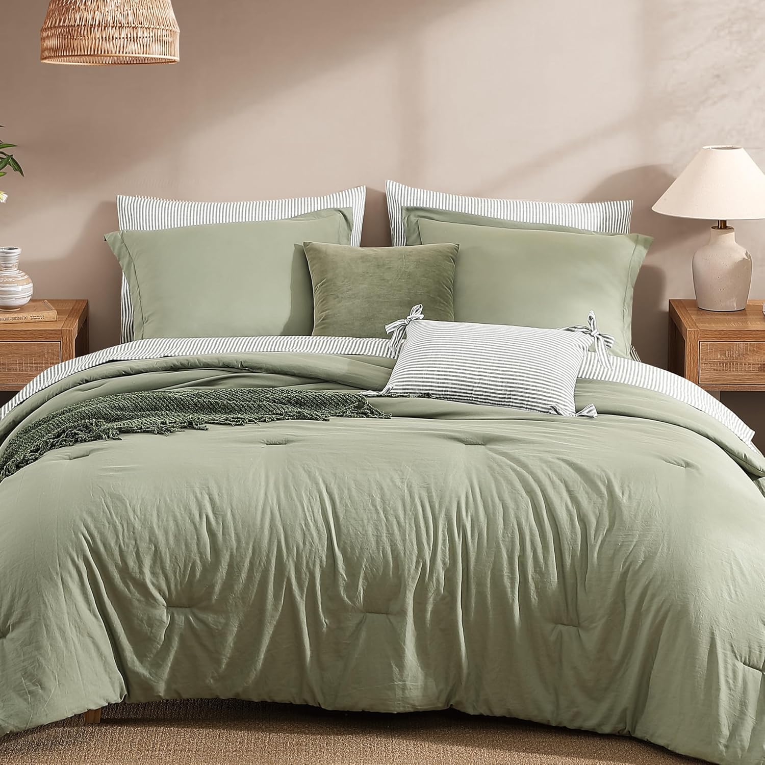 Monbix Queen Comforter Set - 7 Pieces Olive Green Bedding
