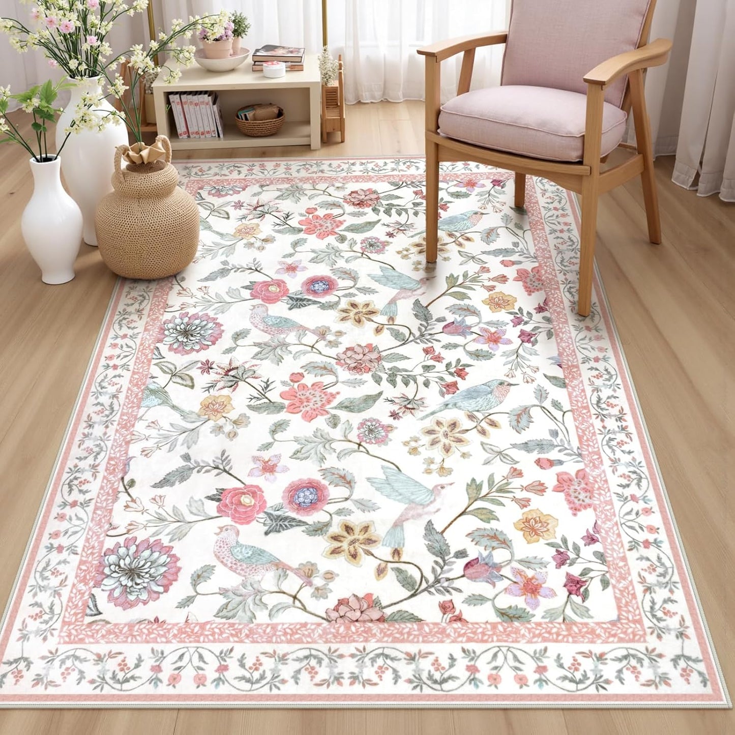 Washable Floral Area Rug for Girls Bedroom and Living Room