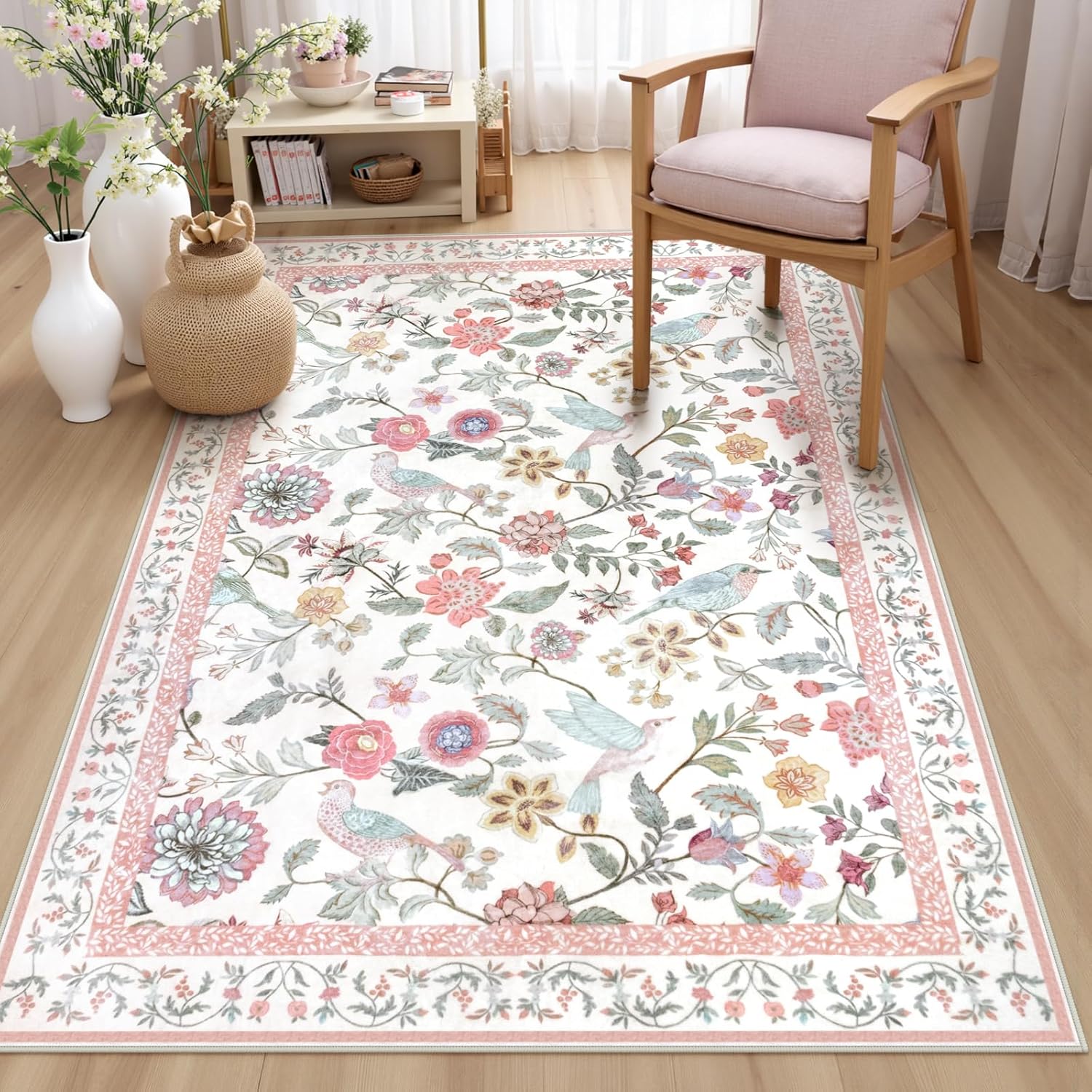 Washable Floral Area Rug for Girls Bedroom and Living Room
