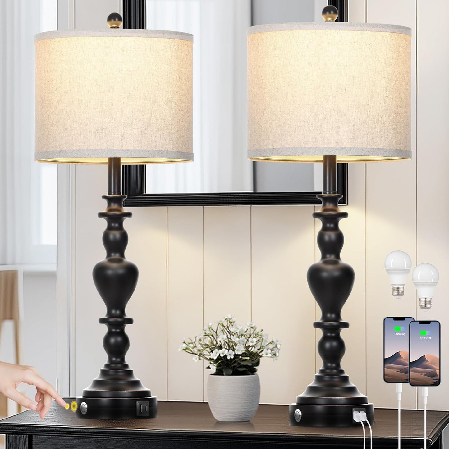 27 Farmhouse Vintage Lamps Set of 2 with USB Charging Ports