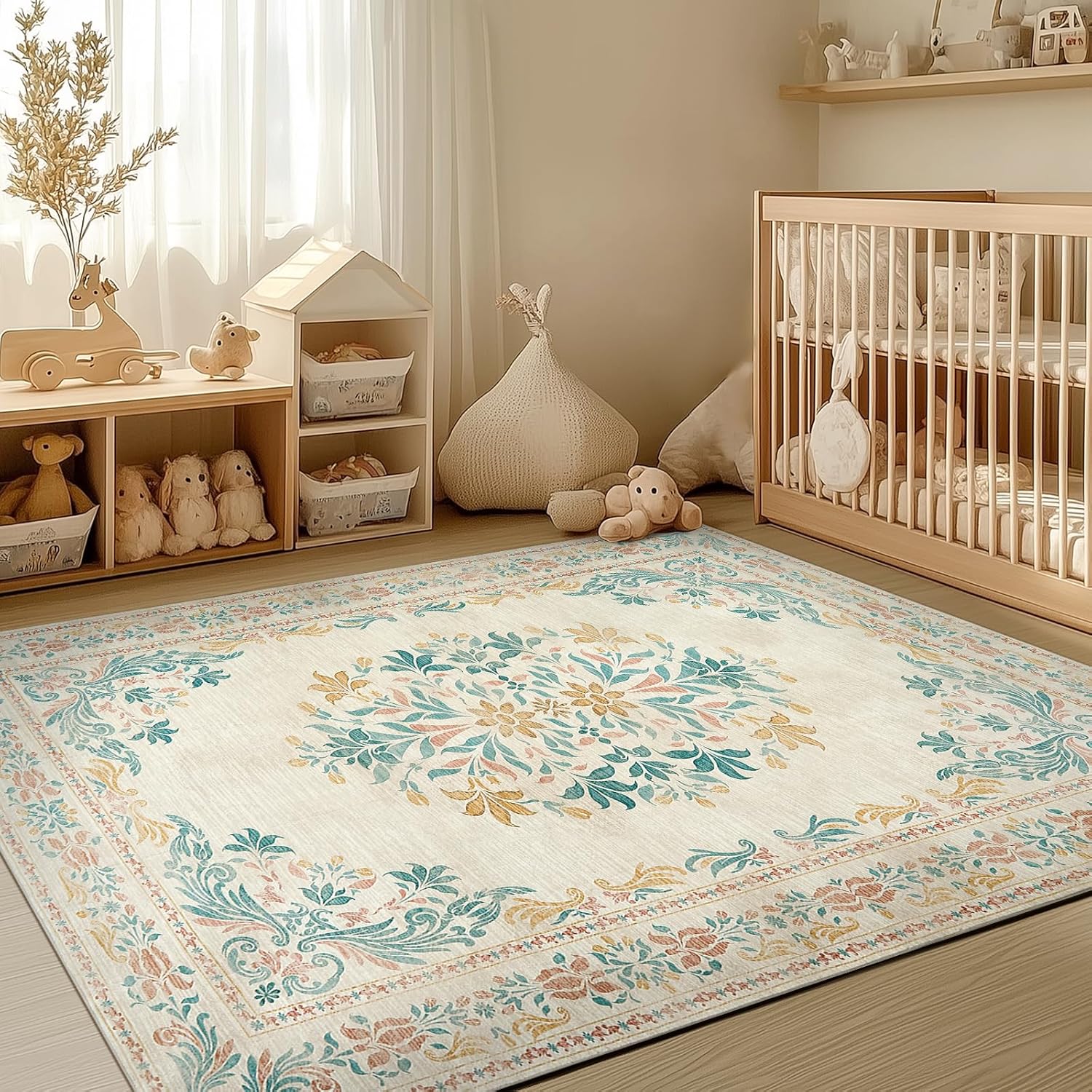 Floral 4x6 Area Rugs for Nursery - Vintage Distressed Design