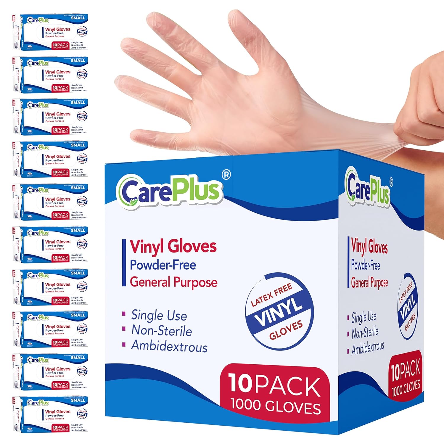 CARE PLUS Vinyl Gloves Clear Large Size for Food Prep & Cleaning