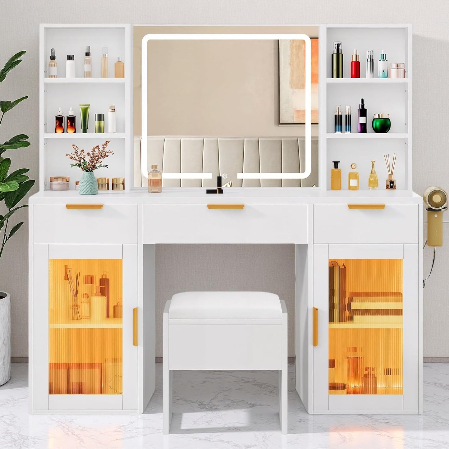 DWVO 56.3in Makeup Vanity with LED Lighted Mirror & Storage