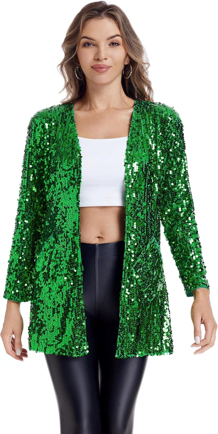 Women's Sequin Jacket Long Sleeve Open Front Blazer Coat