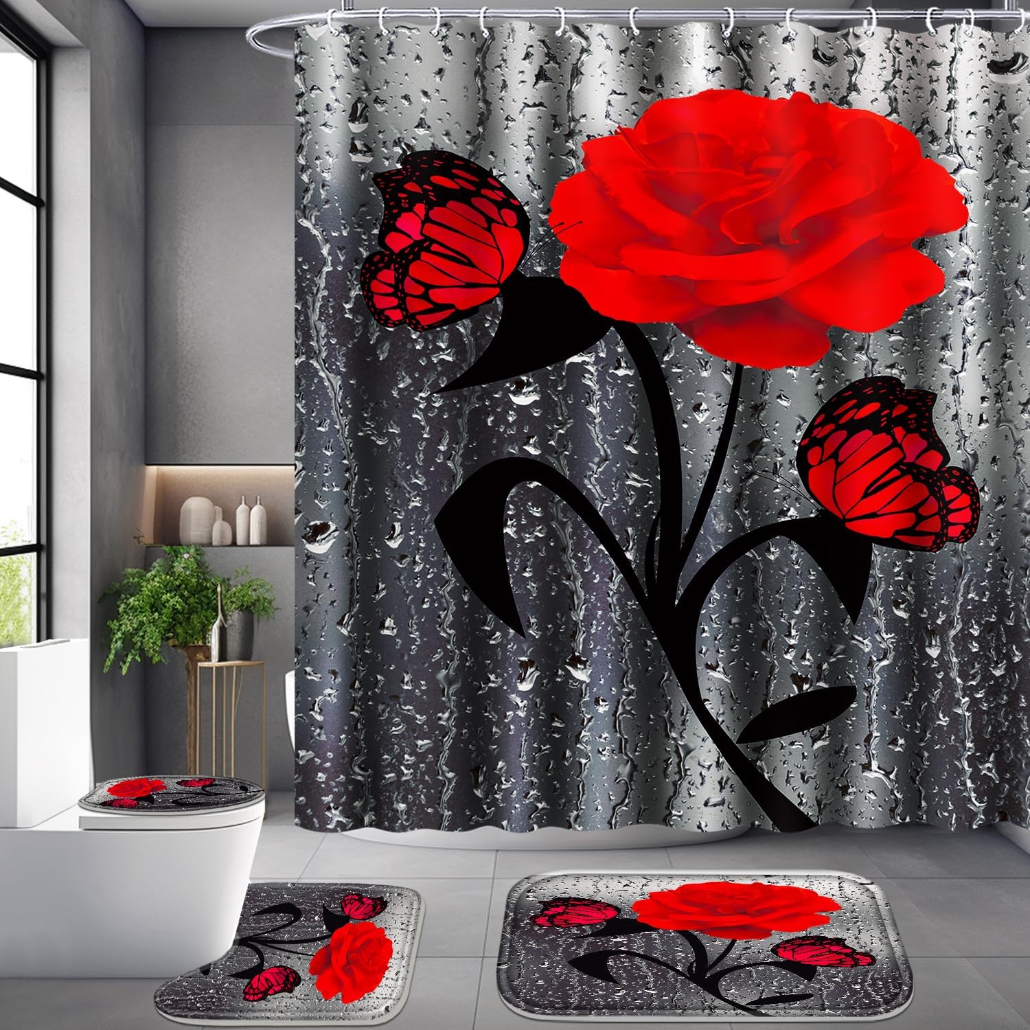 Red Rose Bathroom Set with 12 Hooks