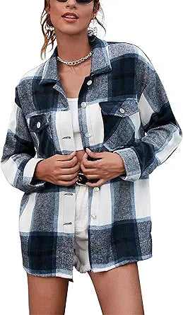 UANEO Womens Plaid Shacket Button Down Wool Blend Flannel Shirt