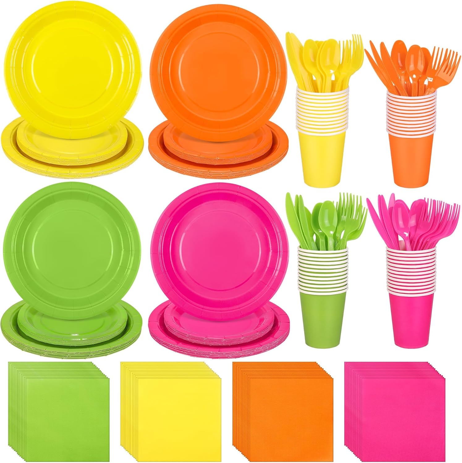 Neon Party Supplies Set for 50 Guests - 350 Pieces Dinnerware