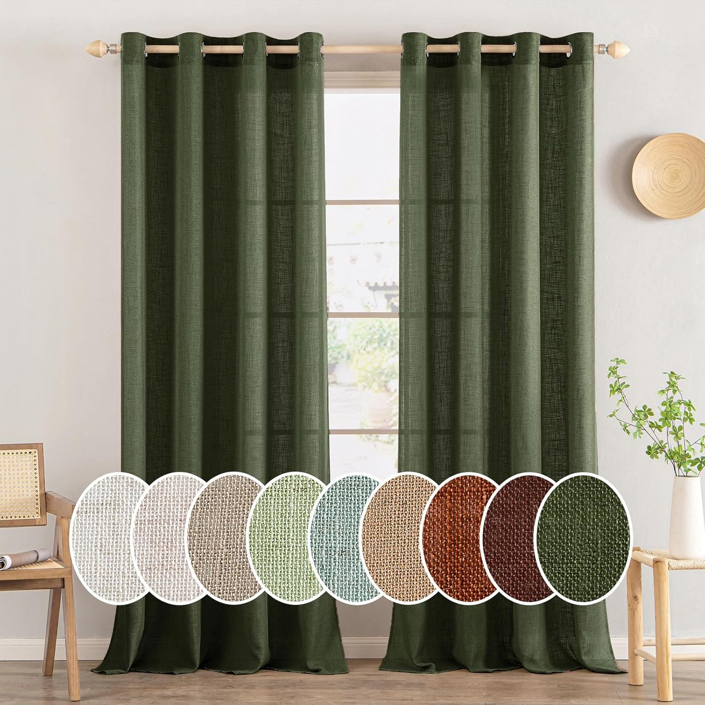 MIULEE Olive Green Linen Curtains for Bedroom and Living Room