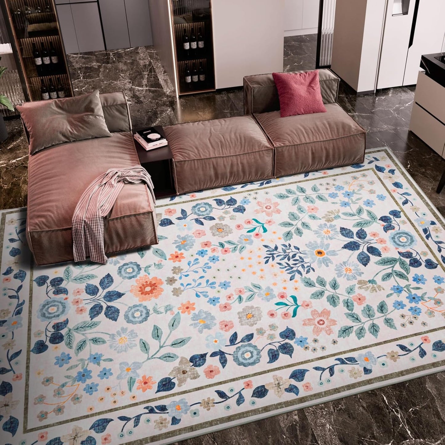 YIHOUSE Floral Pink 8x10 Washable Rug for Living Room Decor