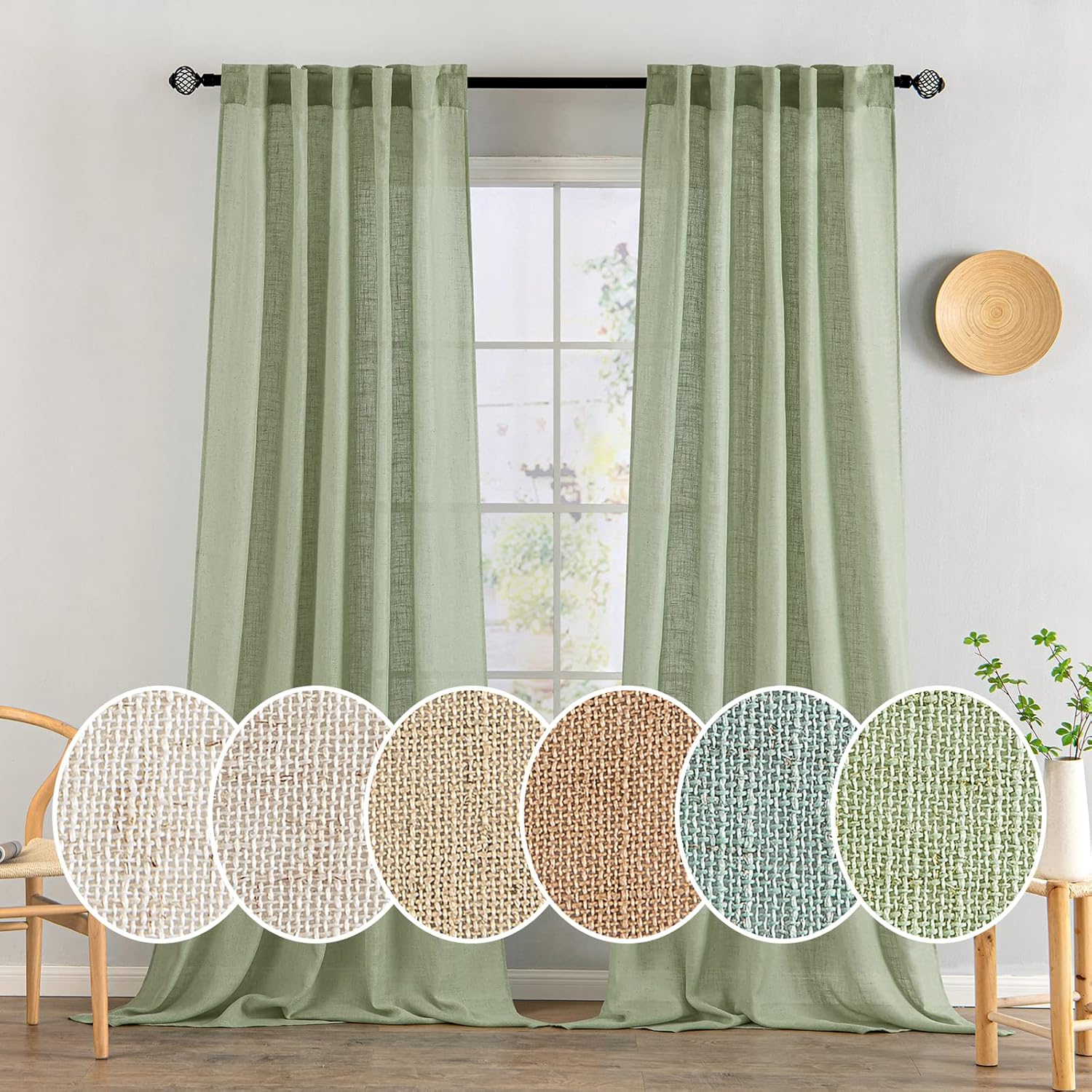 MIULEE Sage Green Linen Curtains for Bedroom and Living Room