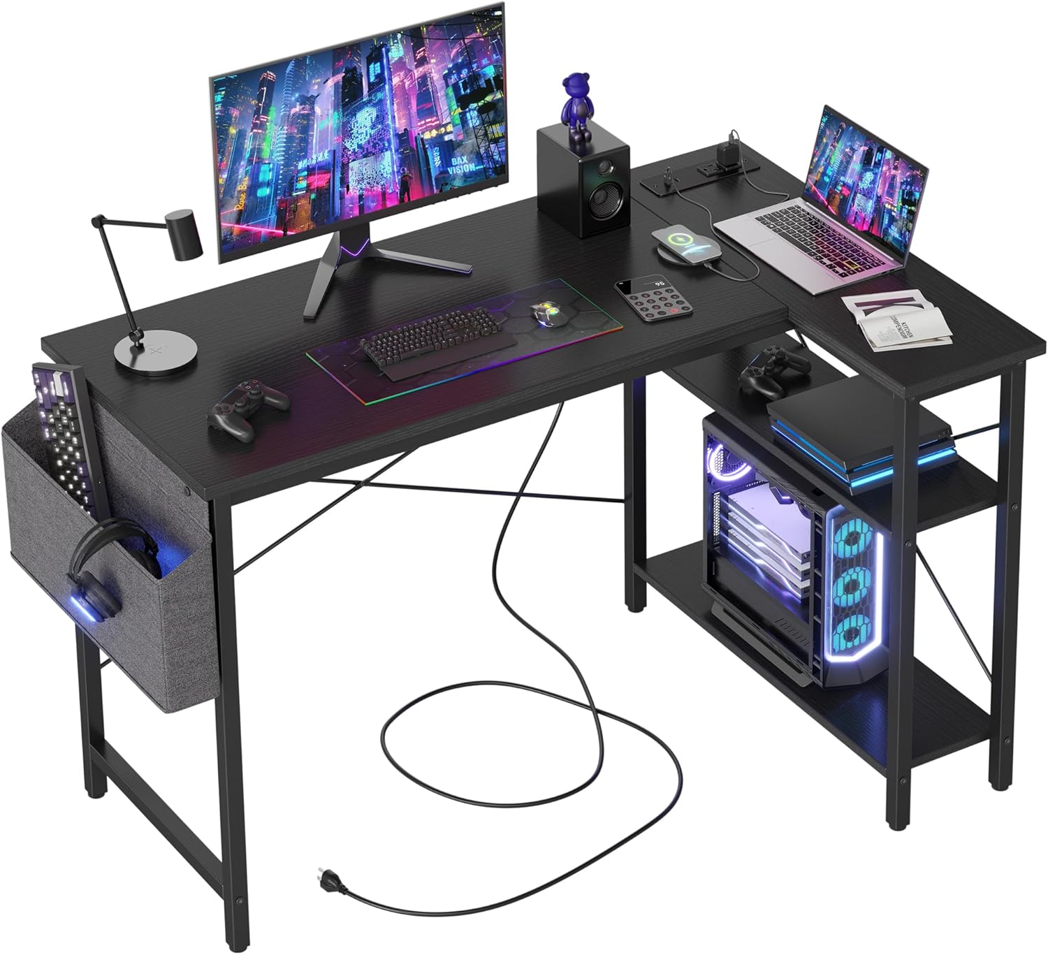 L Shaped Computer Desk with Power Outlets for Small Spaces