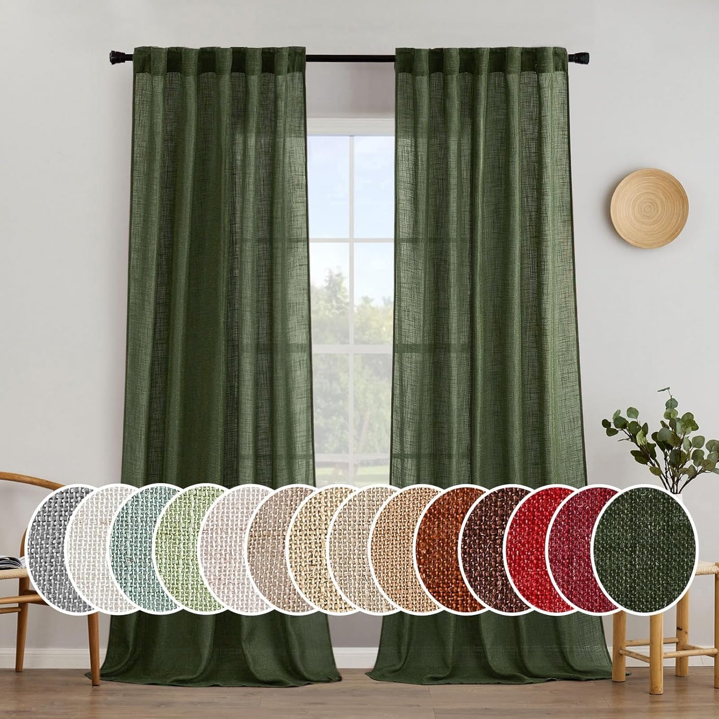 MIULEE Olive Green Linen Curtains for Bedroom and Living Room