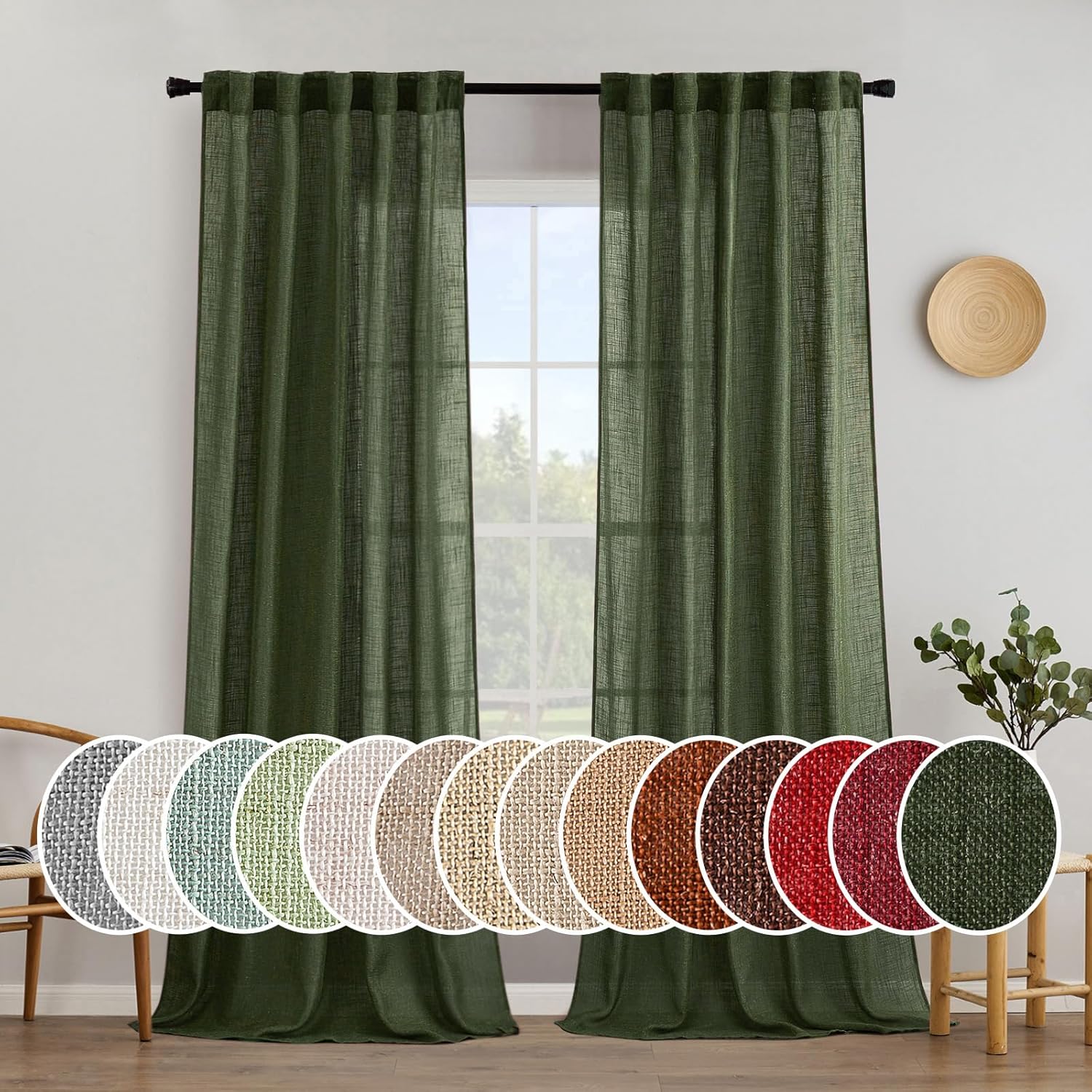 MIULEE Olive Green Linen Curtains for Bedroom and Living Room