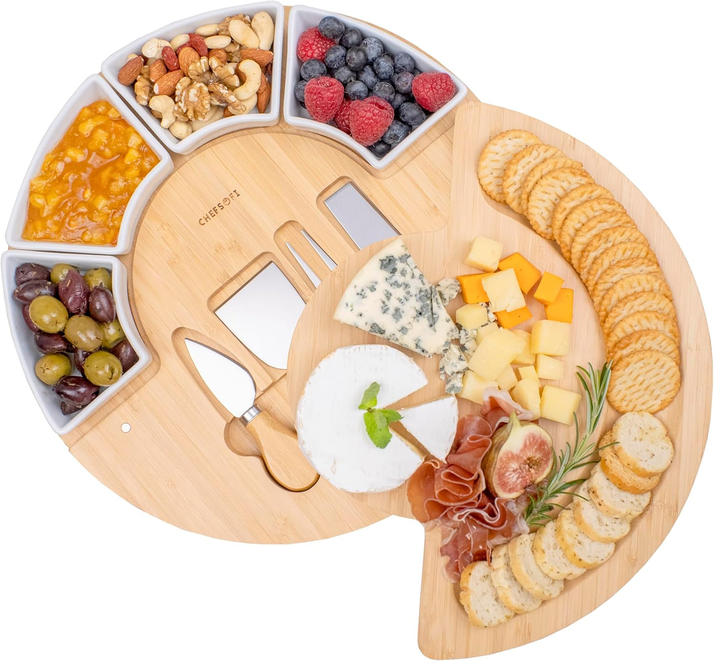 Charcuterie Cheese Board Set - Bamboo Wood with Knives & Bowls