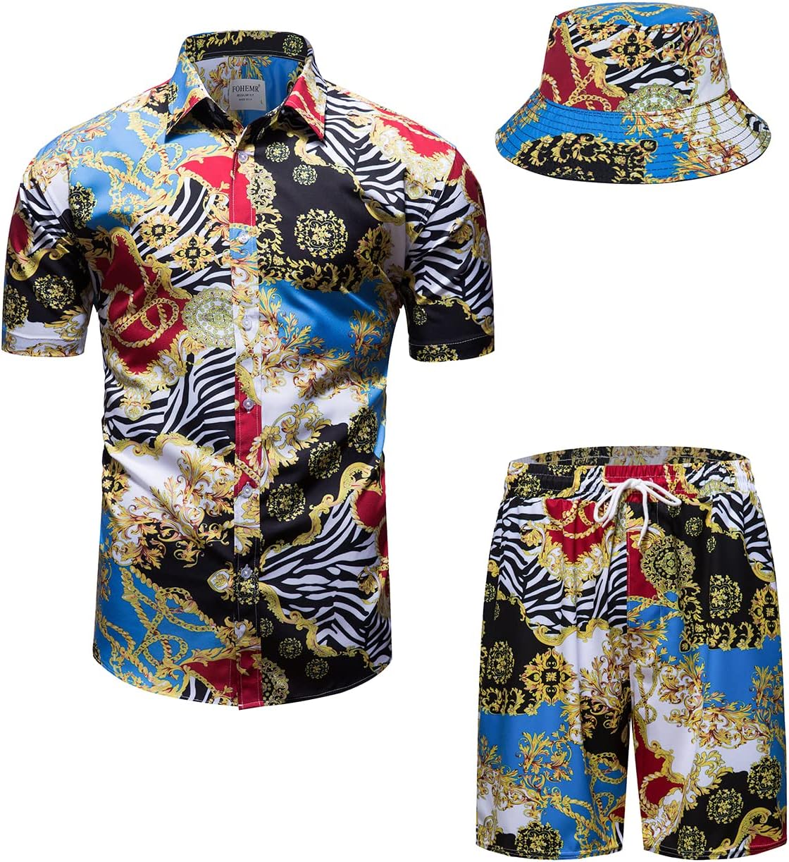 Mens Luxury Outfit Set Black Gold Baroque Tracksuit with Hat