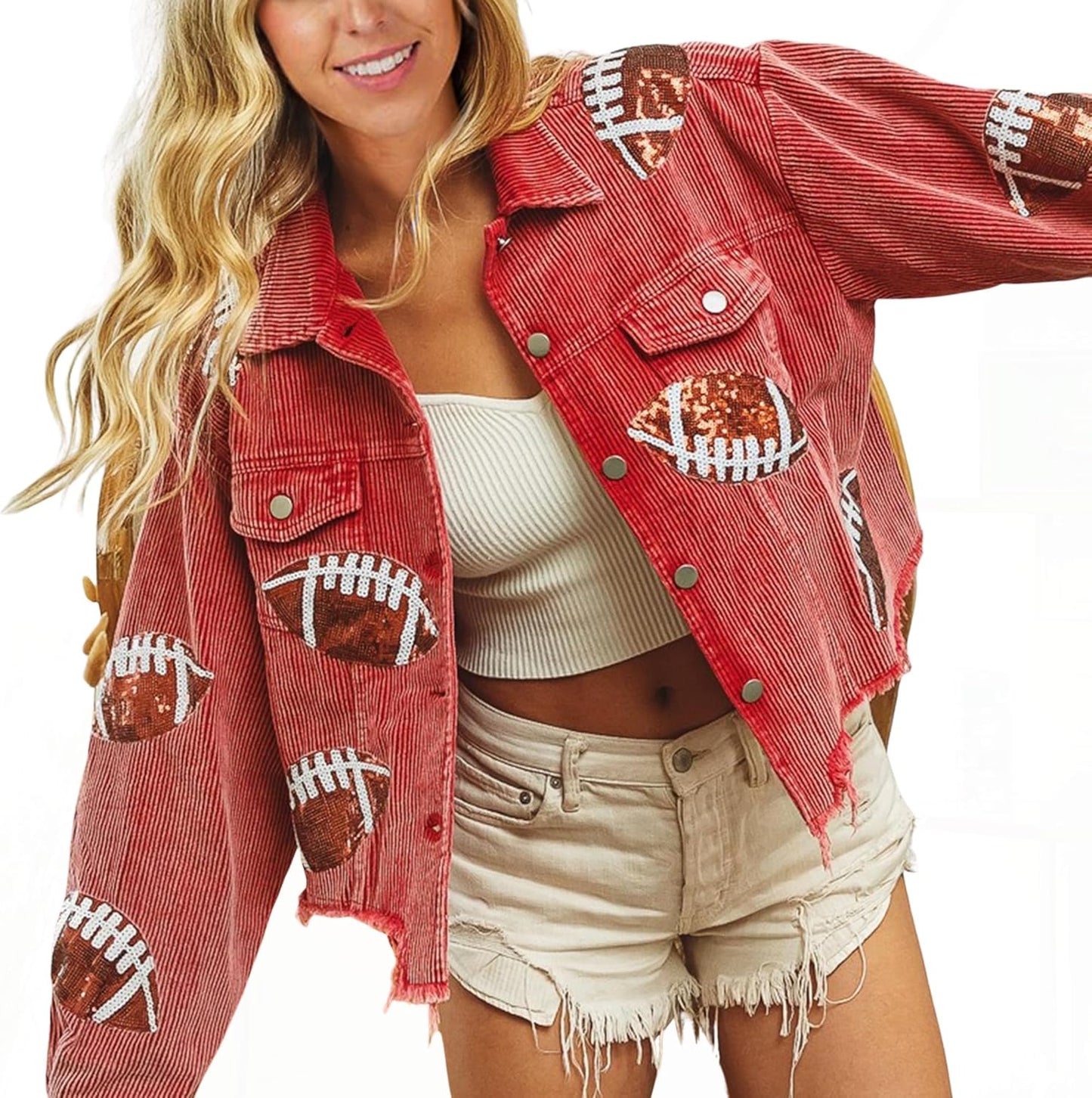 SeekMe Women's Cropped Corduroy Jacket with Sequin Patches