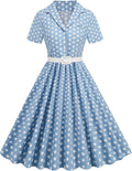 Women Short Sleeve 1950s Retro Polka Dot Swing Dress - Belted A-Line