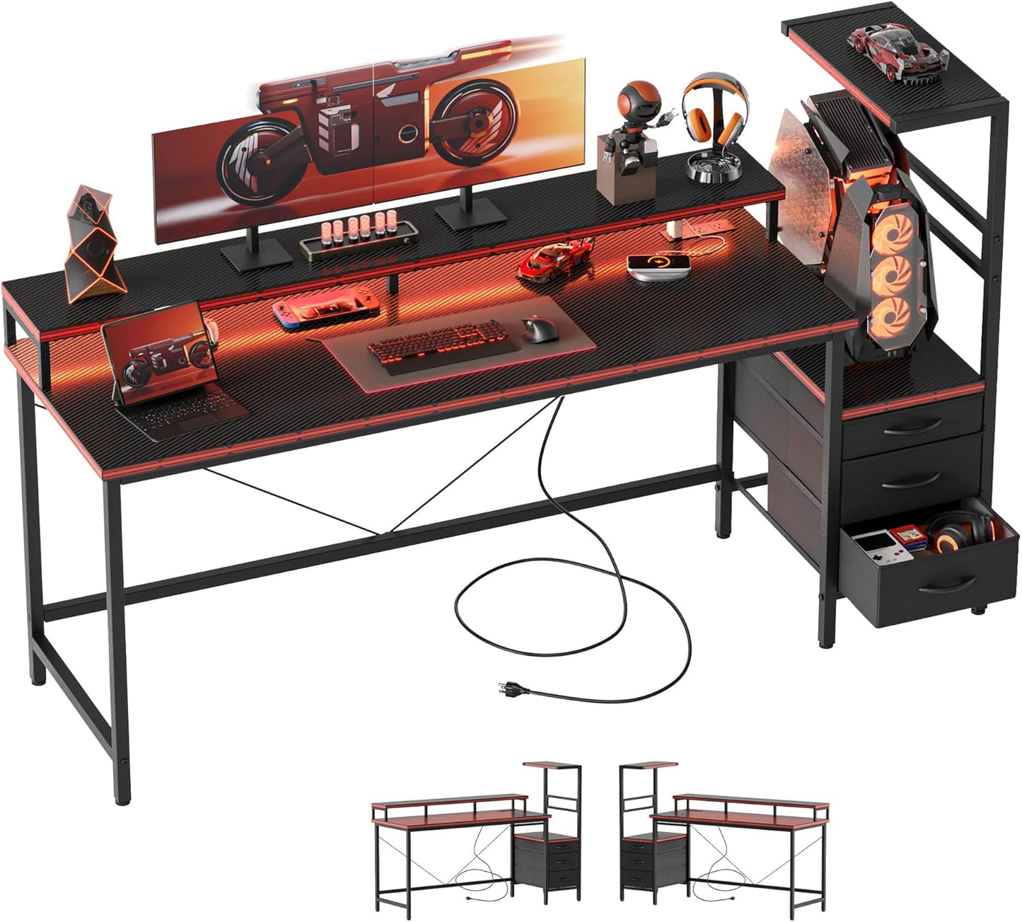 Mericonia Gaming Desk with Storage and LED Lights for Gamers