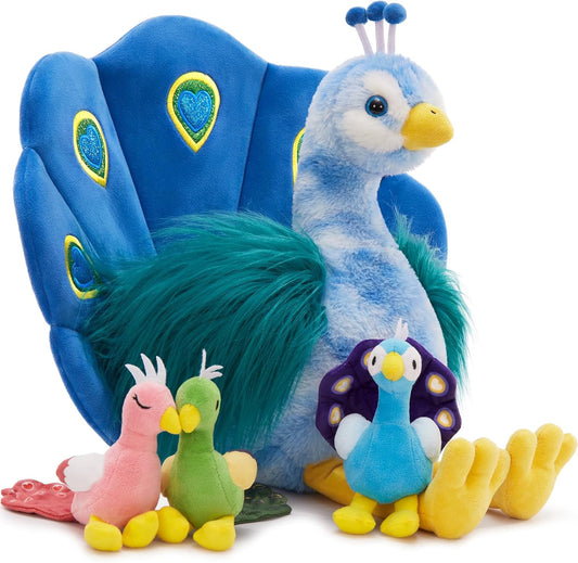MorisMos Plush Peacock Stuffed Animal with Baby Birds for Kids