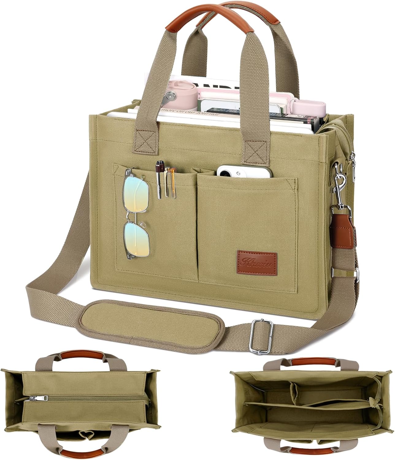 KKXIU Large Canvas Tote Bag with Zipper and Compartments