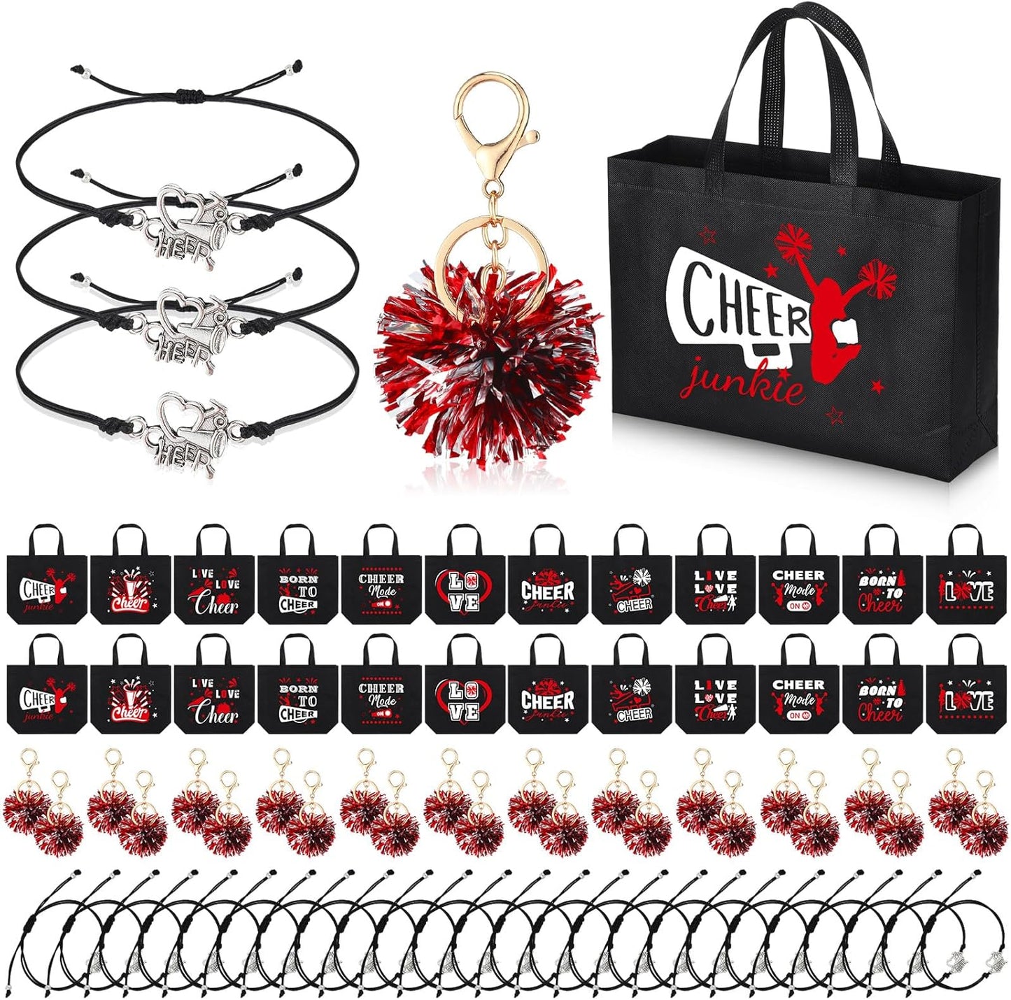 72 Pcs Cheerleading Gifts Set with Bags, Keychains, and Bracelets