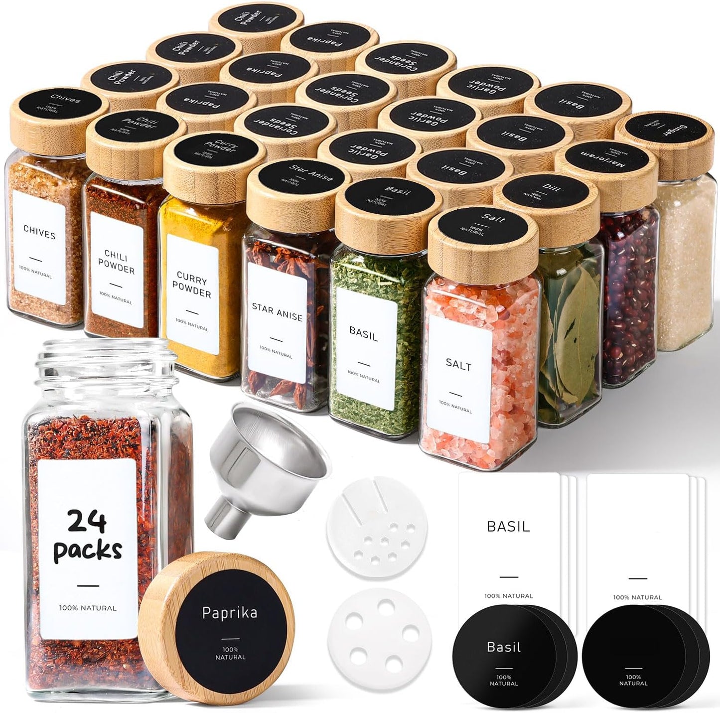ComSaf 4 oz Spice Jars Set with Labels and Bamboo Lids