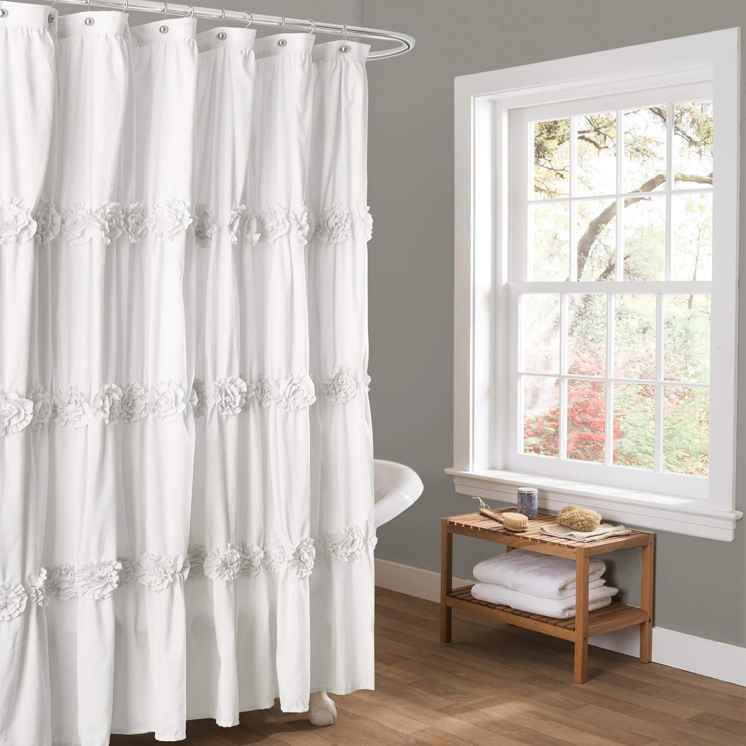 Lush Decor Darla Ruched Floral Shower Curtain - Elegant White 72x72