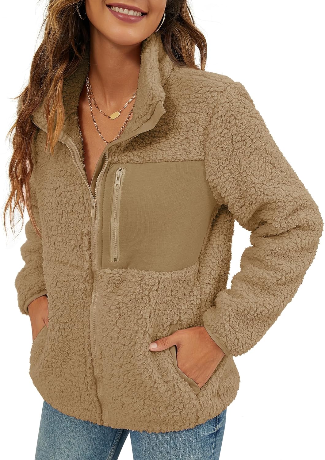VVK Women's Fashion Faux Shearling Shaggy Full Zip Coats
