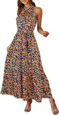 Women's Summer Floral Maxi Sun Dress Halter Neck - Flowy (Style SLQM)