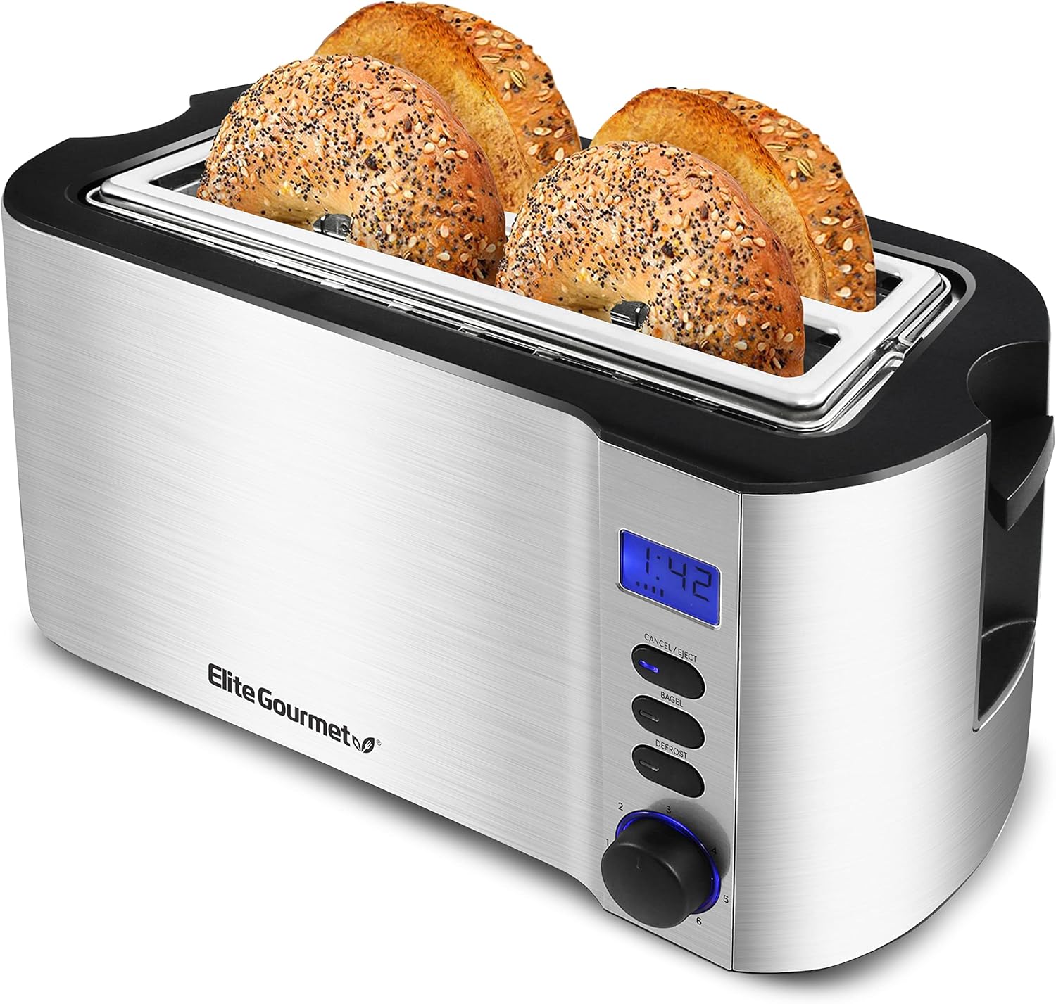 Elite Gourmet Long Slot 4 Slice Toaster with Countdown Timer